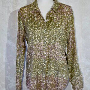 Eddie Bauer L Green Purple Floral Pleated Roll-Tab Sleeve Blouse